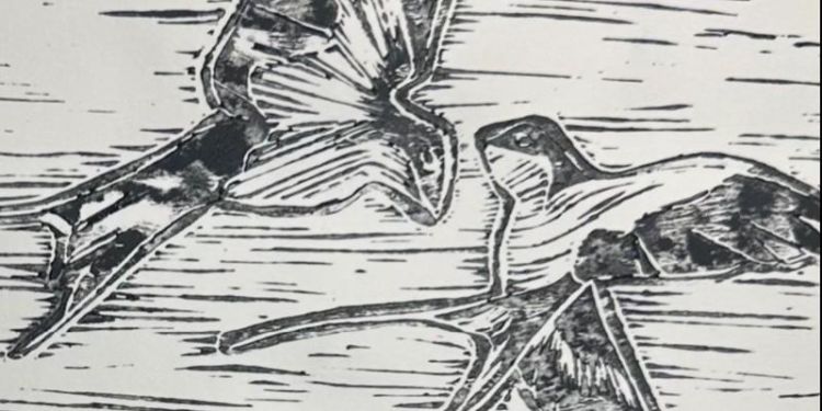 Block print of two birds