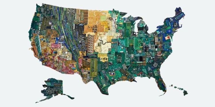 Artwork by Susan Stockwell entitled America. Upcycled computer components.