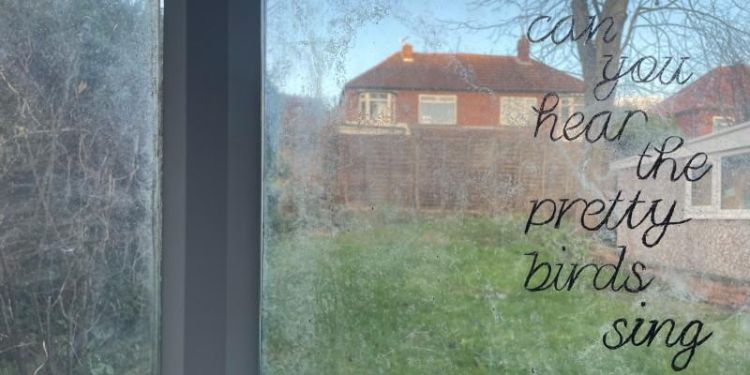 A view of a window looking onto a green lawn of a garden with a hedge to the left, a fence at the end of the garden and a house in the distance. The words Can you hear the pretty birds sing are written in a waxy black cursive font on the window.