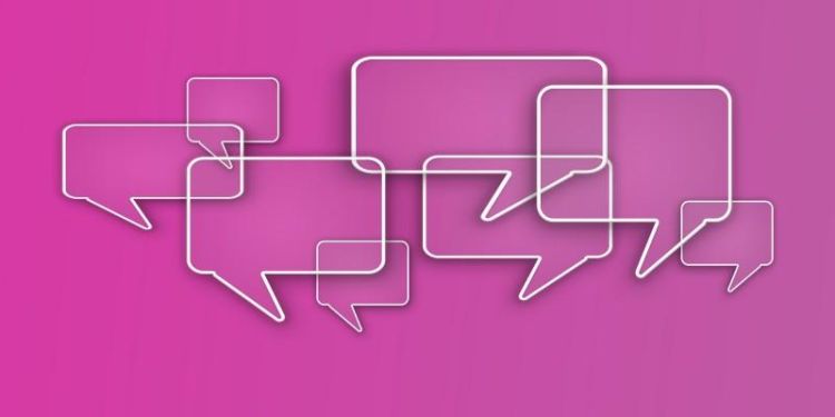 Eight overlapping speech bubbles on a dark pink background