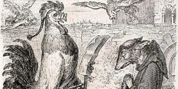 Old fable drawing of a cockerel speaking to a fox dressed as a monk