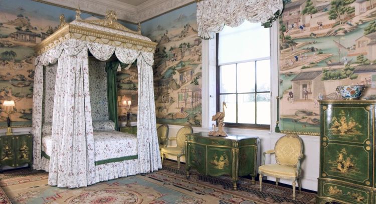 East Bedroom with Chinese wallpaper on walls and Chippendale chinoiserie furniture