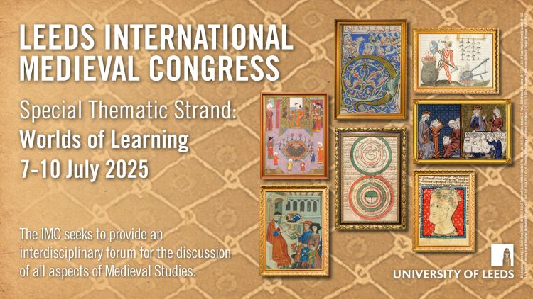 A postcard advertising the IMC 2025. Medieval images in frames against a textured brown background