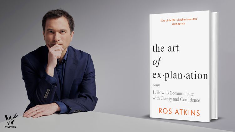 Ros Atkins on the left with his hand on his chin. On the right, a cover of his book "the art of explanation".
