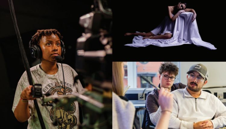A collage of photos showing students at the school using equipment and performing