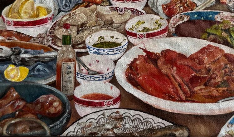 Cropped image of an oil painting depicting a table of Chinese dishes.
