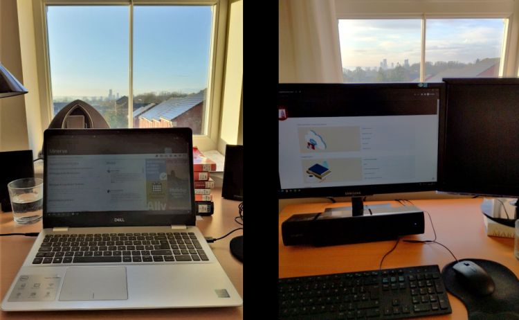 Two images side by side of computers on desks with window in background with a view looking out over Leeds