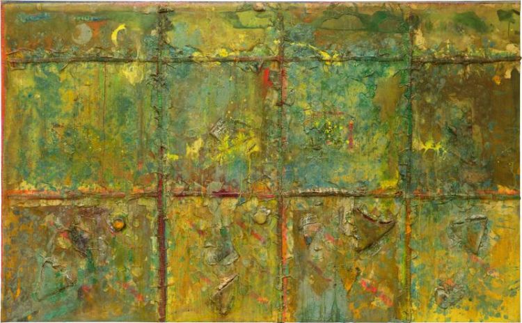 Frank Bowling, Sasha's Green Bag, 1988, Acrylic, acrylic gel, polyurethane foam and found objects on canvas with marouflage, 180.6 x 294.2 cm.