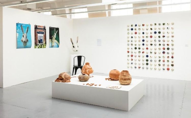 View of an art gallery with work by Georgia Bennett, Liva Garrod and Fergus Thomas