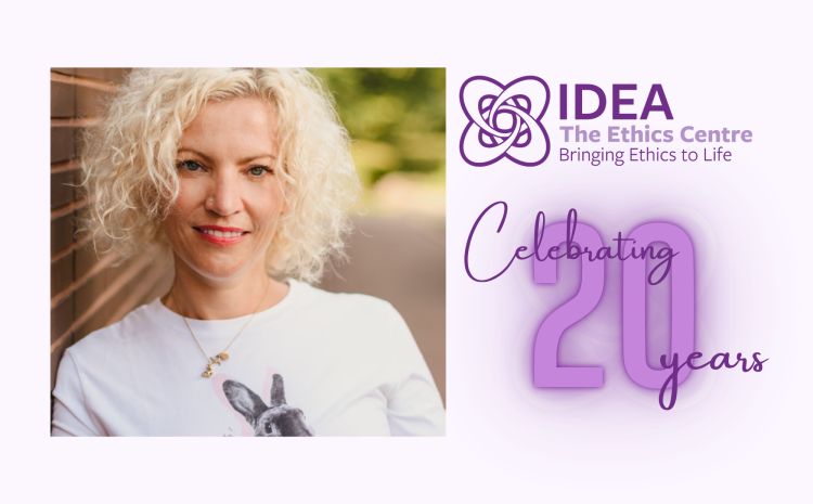 photo of Heather Widdows to the left, IDEA logo and Celebrating 20 years to the right