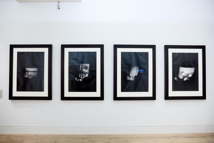 Four framed artworks by Sutapa Biswas on a gallery wall