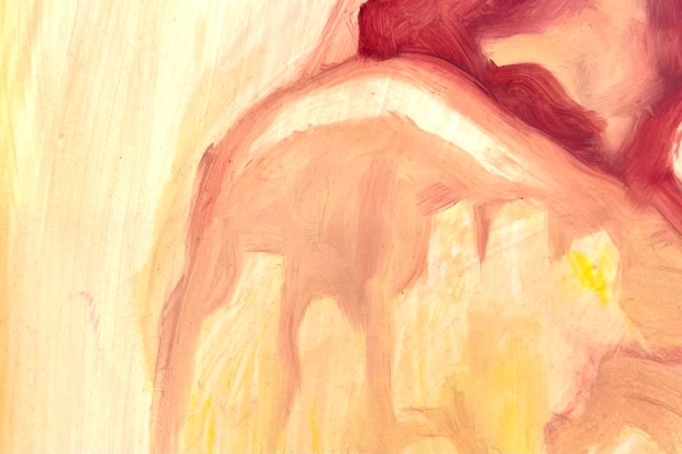 A cropped painting of an abstracted figure that is turned away but looking towards you. The painting has a yellow background, the figure is orange with red hair and shapes are carved into the figures back, revealing the background colour.