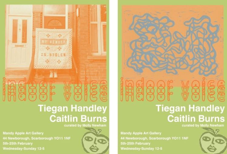 Posters for Indoor Voice exhibition with artworks by Tiegan Handley and Caitlin Burns
