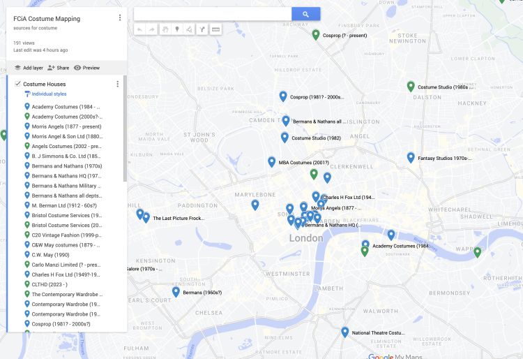 Work in Progress. A Google map showing past and present Costume Houses of London. These essential companies hire and make costumes for film, TV and theatre.