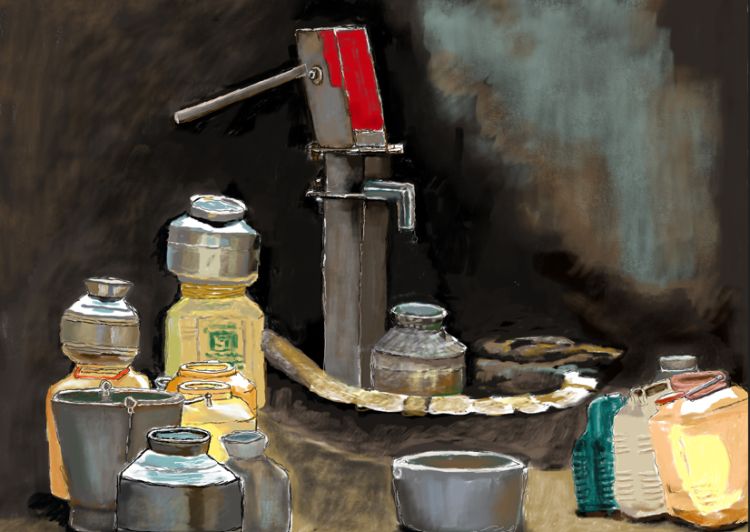 A painting of water pumps and containers