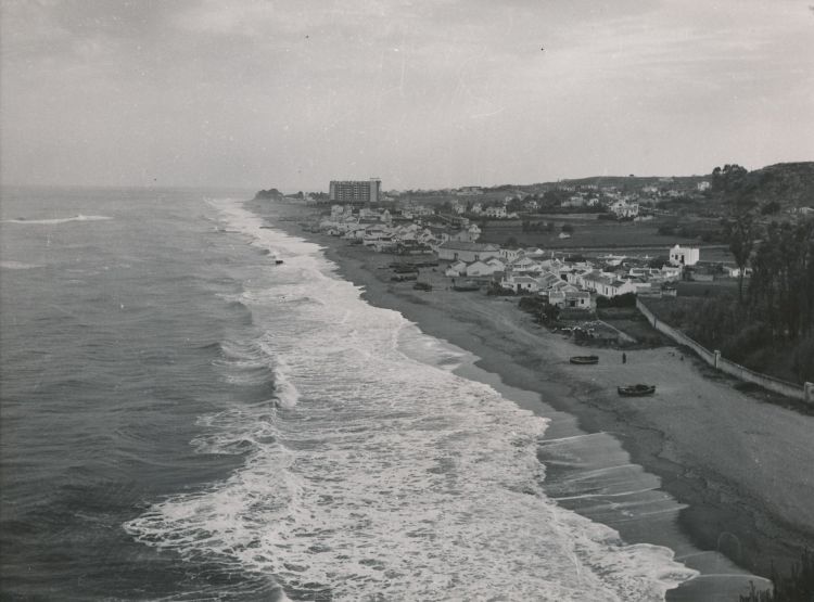 Black and white aerial photo of a beach in southern spain