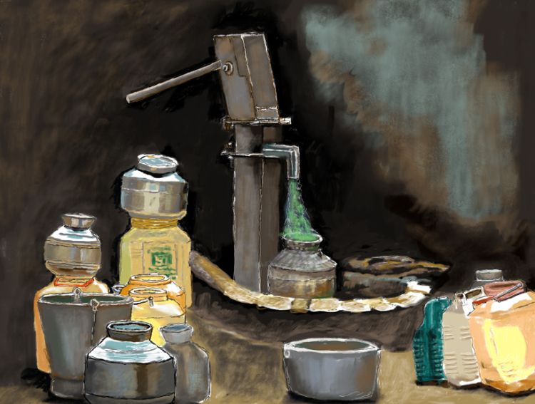 A painting of water pumps and containers