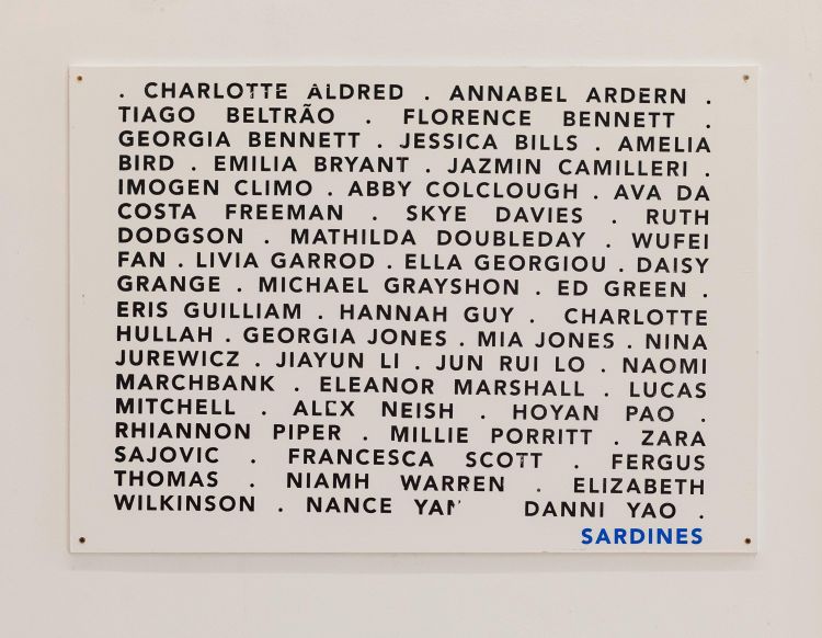 Screen print of names of artists taking part in the Sardines BA Fine Art Degree Show
