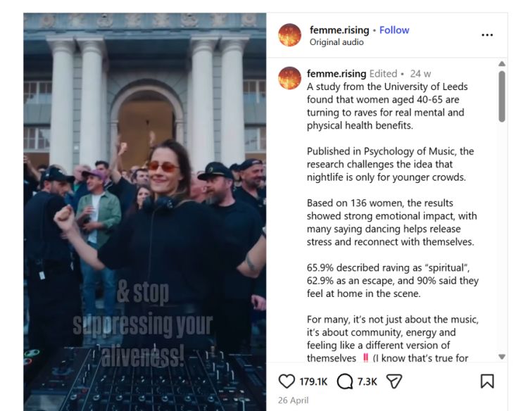 A screenshot from an Instagram post that shows a woman DJing to a crowd with comments and likes on the right