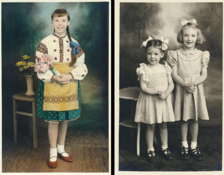 Orysia Fletcher in a hand tinted photo of her wearing traditional Ukrainian dress and (right) with her older sister Irene Diakiw