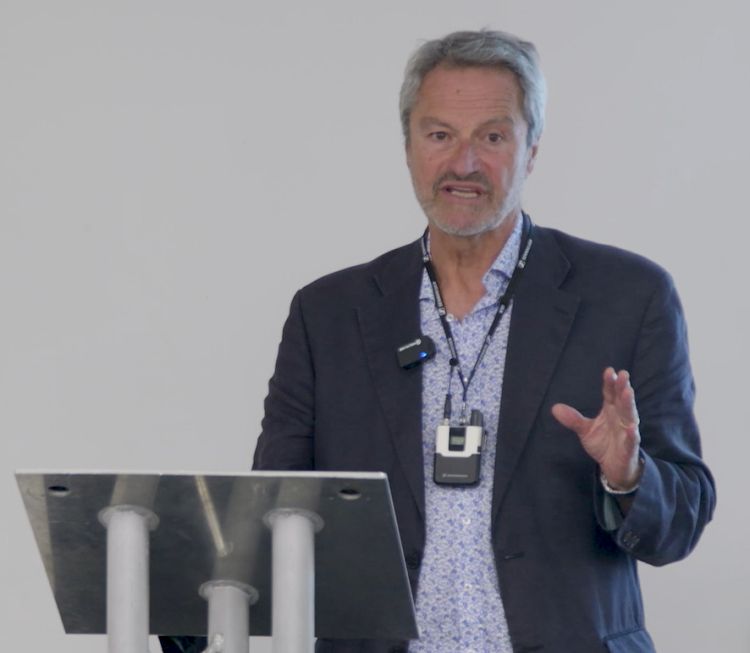 Gavin Esler speaks from the lectern at Cloth Hall Court