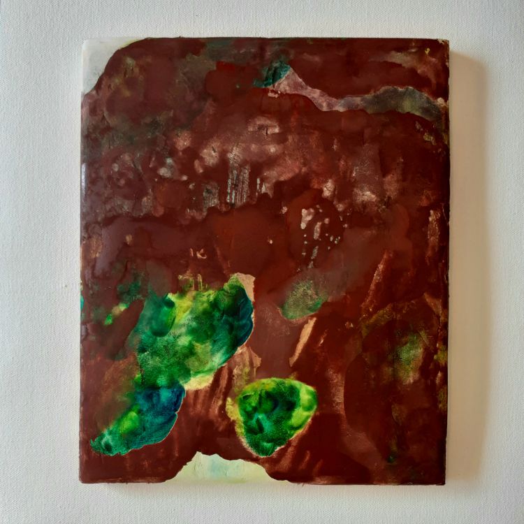 Painting by Marielle Hehir featuring shades of red and green depicting pieces of moss body.