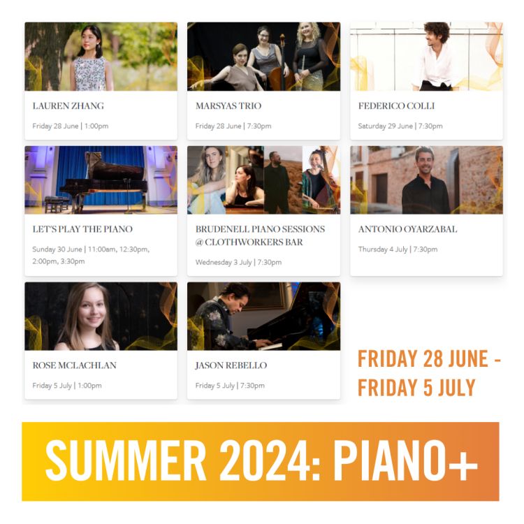 A collage of all performers: Lauren Zhang, Marsyas Trio, Federico Colli, Let's Play the Piano, Brudenell Piano Sessions, Antonio Oyarzabal, Rose McLachlan, and Federico Colli.