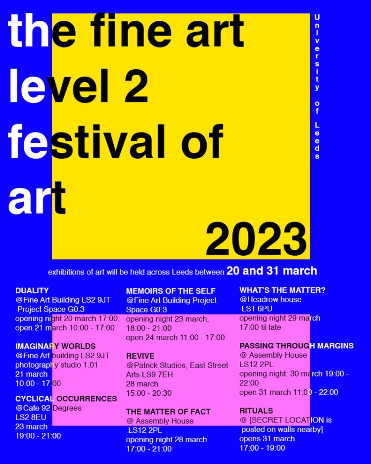 Fine Art Level 2 Festival of Art poster with blue, yellow and pink background