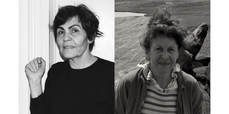 Black and white photographs of Simone Fattal in Paris, 2003 (photo by Kathleen Weaver) and Maggie O'Sullivan in the Pennines, 2017 (photo by Scott Thurston)