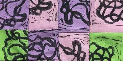 Detail from lino printing and patchwork by Caitlin Burns.