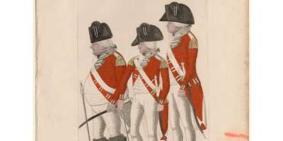 Etched caricatures of soldier figures in uniforms - they are the Hopetoun Fencibles regiment.
