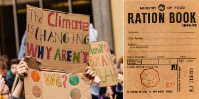 Close up of a cardboard climate change protest sign being held up by a protestor, alongside a close up of the front cover or a war time ration book.