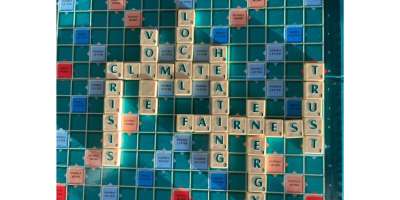 Scrabble board filled with words related to climate change.