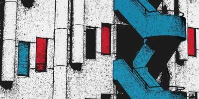Detail of exhibition poster for Dérive Leeds. It shows a brutalist structure in grey, white and black tones with blue and red details.