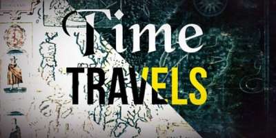 The words 'Time travel' layered over an ancient map.