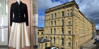 A 1950 wool Barathea jacket on a mannekin, left, and a picture of Salts Mill, Saltaire.
Images via Yorkshire Fashion Archive and Flickr/paulmccoubrie