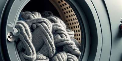 A wool cardigan in a front-loading washing machine with the door open.