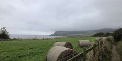 a picture of a field by the coast with a hay able in view