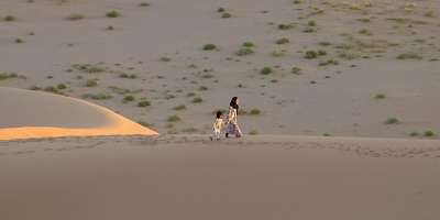 Two figures walking across a desert landscape