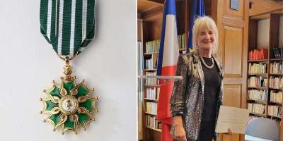 Left: The Officier dans l’Ordre des Arts et Lettres medal, Right: Professor Diana Holmes receives the award of Officier dans l’Ordre des Arts et Lettres